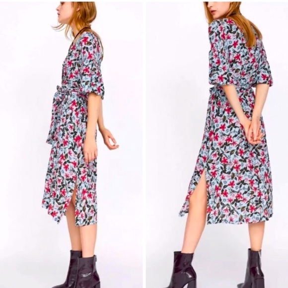 Zara | Floral Button Front Half Bell Sleeve Midi Dress - Large - Picture 2 of 11